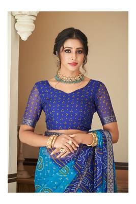 Blue Chiffon Bandhej Printed Sari,Saree With Unstitched Blouse Piece 4