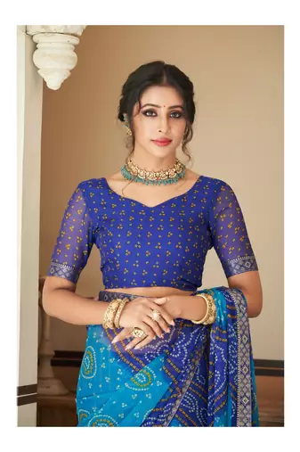 Blue Chiffon Bandhej Printed Sari,Saree With Unstitched Blouse Piece