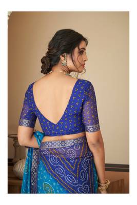 Blue Chiffon Bandhej Printed Sari,Saree With Unstitched Blouse Piece 5