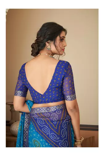 Blue Chiffon Bandhej Printed Sari,Saree With Unstitched Blouse Piece