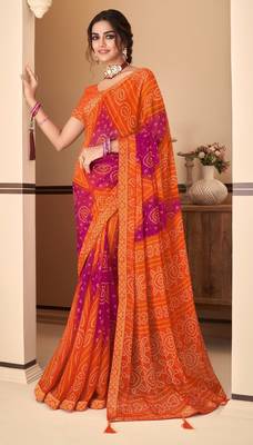 Orange Chiffon Bandhej Printed Sari,Saree With Unstitched Blouse Piece 1