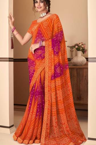 Orange Chiffon Bandhej Printed Sari,Saree With Unstitched Blouse Piece