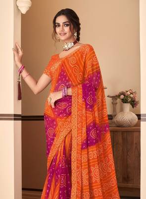 Orange Chiffon Bandhej Printed Sari,Saree With Unstitched Blouse Piece 2