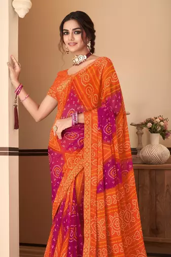 Orange Chiffon Bandhej Printed Sari,Saree With Unstitched Blouse Piece
