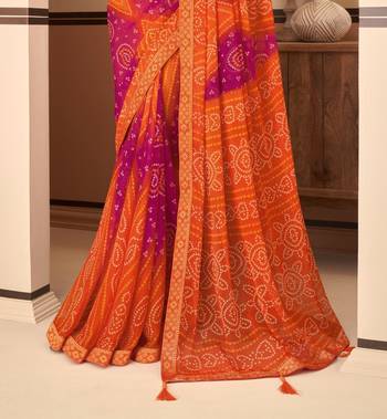 Orange Chiffon Bandhej Printed Sari,Saree With Unstitched Blouse Piece 3
