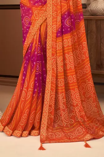 Orange Chiffon Bandhej Printed Sari,Saree With Unstitched Blouse Piece
