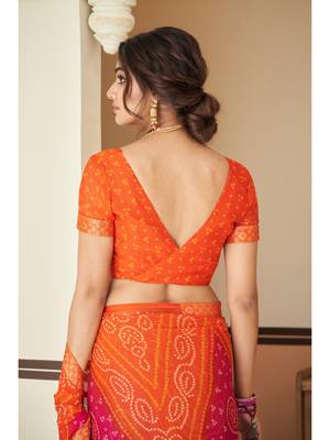 Orange Chiffon Bandhej Printed Sari,Saree With Unstitched Blouse Piece 4