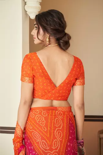 Orange Chiffon Bandhej Printed Sari,Saree With Unstitched Blouse Piece