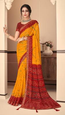 Yellow Chiffon Bandhej Printed Sari,Saree With Unstitched Blouse Piece 1