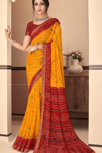 Yellow Chiffon Bandhej Printed Sari,Saree With Unstitched Blouse Piece