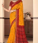 Yellow Chiffon Bandhej Printed Sari,Saree With Unstitched Blouse Piece