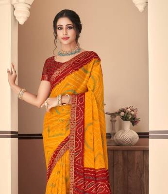 Yellow Chiffon Bandhej Printed Sari,Saree With Unstitched Blouse Piece 2