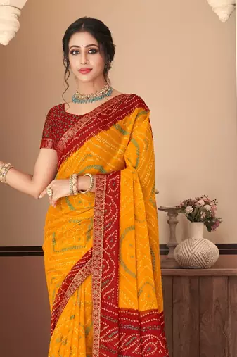 Yellow Chiffon Bandhej Printed Sari,Saree With Unstitched Blouse Piece