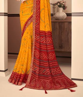 Yellow Chiffon Bandhej Printed Sari,Saree With Unstitched Blouse Piece 3