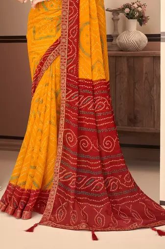 Yellow Chiffon Bandhej Printed Sari,Saree With Unstitched Blouse Piece