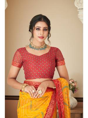 Yellow Chiffon Bandhej Printed Sari,Saree With Unstitched Blouse Piece 4