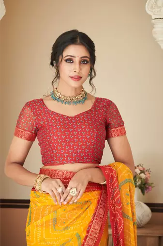 Yellow Chiffon Bandhej Printed Sari,Saree With Unstitched Blouse Piece