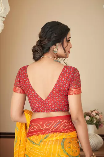 Yellow Chiffon Bandhej Printed Sari,Saree With Unstitched Blouse Piece