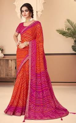 Orange Chiffon Bandhej Printed Sari,Saree With Unstitched Blouse Piece 1