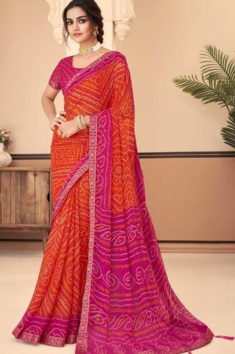 Orange Chiffon Bandhej Printed Sari,Saree With Unstitched Blouse Piece