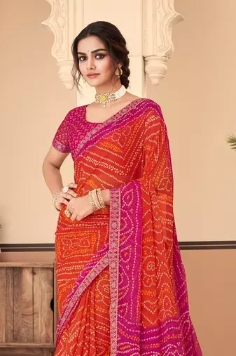Orange Chiffon Bandhej Printed Sari,Saree With Unstitched Blouse Piece