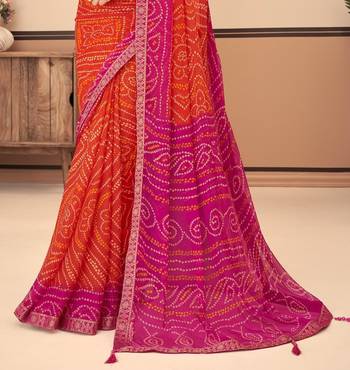 Orange Chiffon Bandhej Printed Sari,Saree With Unstitched Blouse Piece 3