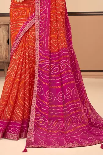 Orange Chiffon Bandhej Printed Sari,Saree With Unstitched Blouse Piece