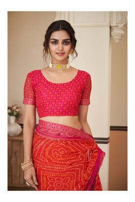 Orange Chiffon Bandhej Printed Sari,Saree With Unstitched Blouse Piece 4