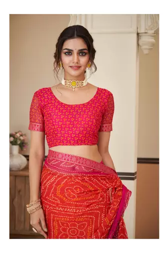Orange Chiffon Bandhej Printed Sari,Saree With Unstitched Blouse Piece