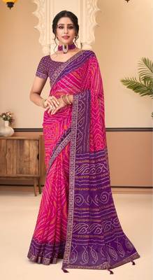 Pink Chiffon Bandhej Printed Sari,Saree With Unstitched Blouse Piece 1