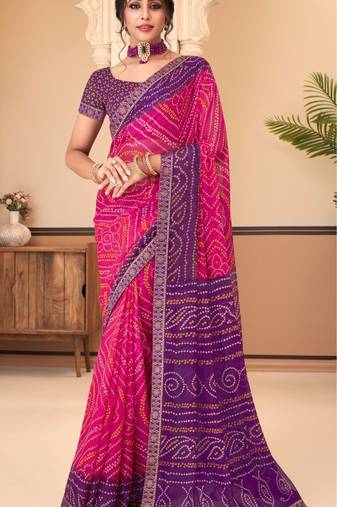 Pink Chiffon Bandhej Printed Sari,Saree With Unstitched Blouse Piece