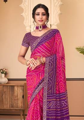 Pink Chiffon Bandhej Printed Sari,Saree With Unstitched Blouse Piece 2