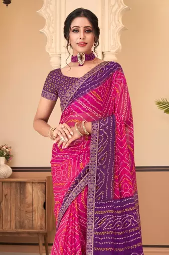 Pink Chiffon Bandhej Printed Sari,Saree With Unstitched Blouse Piece