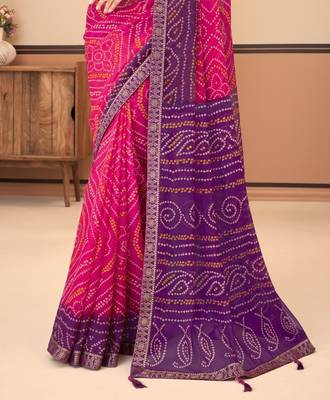 Pink Chiffon Bandhej Printed Sari,Saree With Unstitched Blouse Piece 3