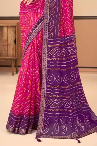 Pink Chiffon Bandhej Printed Sari,Saree With Unstitched Blouse Piece