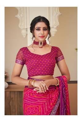 Pink Chiffon Bandhej Printed Sari,Saree With Unstitched Blouse Piece 4