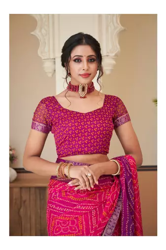 Pink Chiffon Bandhej Printed Sari,Saree With Unstitched Blouse Piece