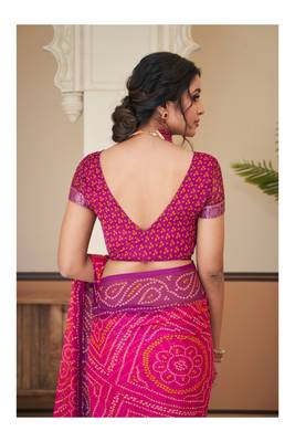Pink Chiffon Bandhej Printed Sari,Saree With Unstitched Blouse Piece 5