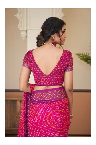 Pink Chiffon Bandhej Printed Sari,Saree With Unstitched Blouse Piece