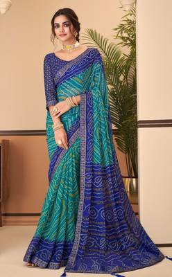 Green Chiffon Bandhej Printed Sari,Saree With Unstitched Blouse Piece 1
