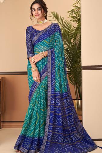 Green Chiffon Bandhej Printed Sari,Saree With Unstitched Blouse Piece