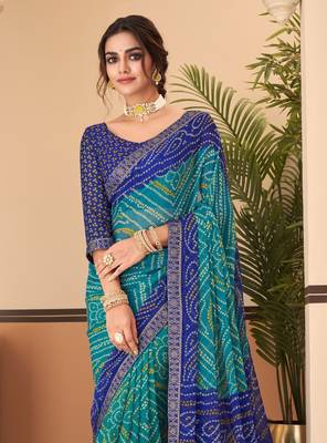 Green Chiffon Bandhej Printed Sari,Saree With Unstitched Blouse Piece 2