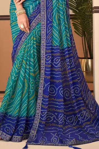 Green Chiffon Bandhej Printed Sari,Saree With Unstitched Blouse Piece
