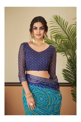 Green Chiffon Bandhej Printed Sari,Saree With Unstitched Blouse Piece 4