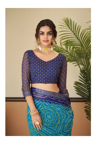 Green Chiffon Bandhej Printed Sari,Saree With Unstitched Blouse Piece