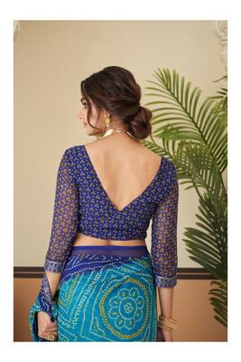 Green Chiffon Bandhej Printed Sari,Saree With Unstitched Blouse Piece 5