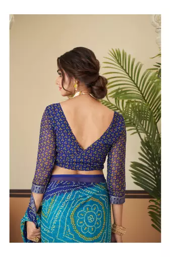 Green Chiffon Bandhej Printed Sari,Saree With Unstitched Blouse Piece