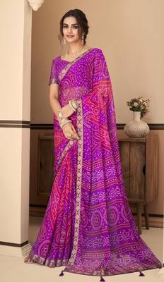 Purple Chiffon Bandhej Printed Sari,Saree With Unstitched Blouse Piece 1