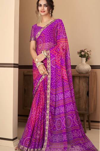 Purple Chiffon Bandhej Printed Sari,Saree With Unstitched Blouse Piece