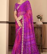 Purple Chiffon Bandhej Printed Sari,Saree With Unstitched Blouse Piece